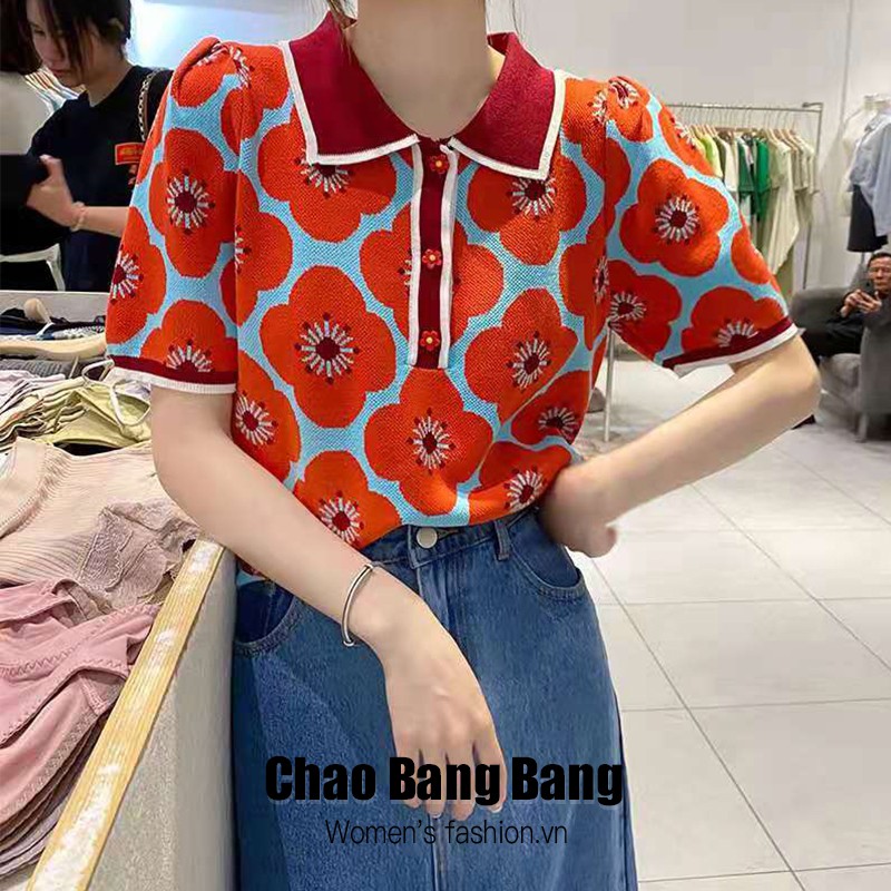 Porozi  Áo thun dệt kim cổ polo in hoa xinh xắn cho nữ