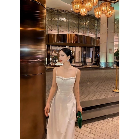 Đầm maxi 2 dây kết đá đen đỏ trắng