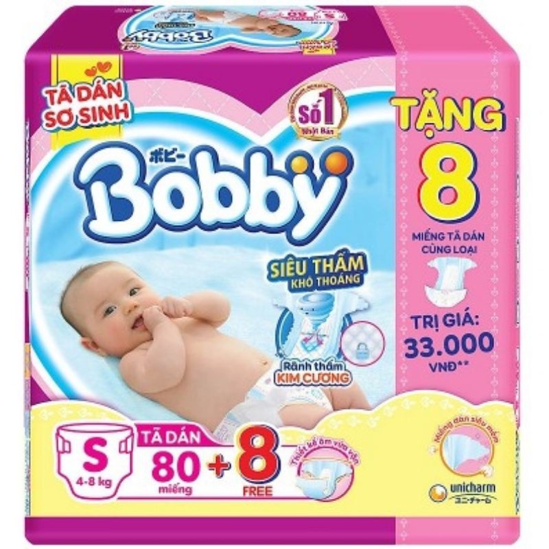 ( Tặng 8 miếng cùng size) Tã dán Bobby size S 80 miếng