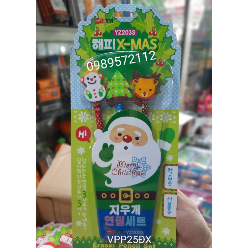 Vỉ 3 cái bút chì noel kèm tẩy-quà tặng cho bé.