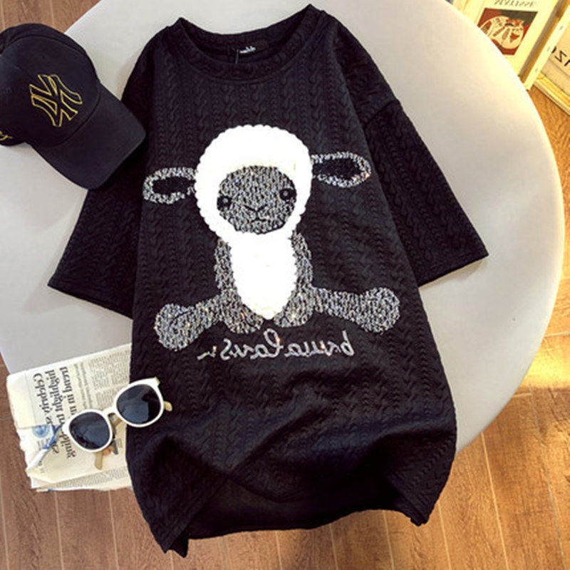 New Heavy Industry cartoon lamb T-shirt Korean style thickened brushed loose all-match half sleeve bottoming shirt for women