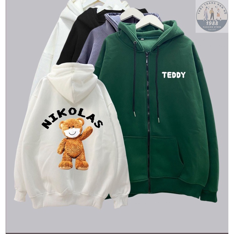 Áo khoác nỉ GẤU TEDDY NIKOLAS, Áo hoodie dây kéo unisex nam nữ form rộng