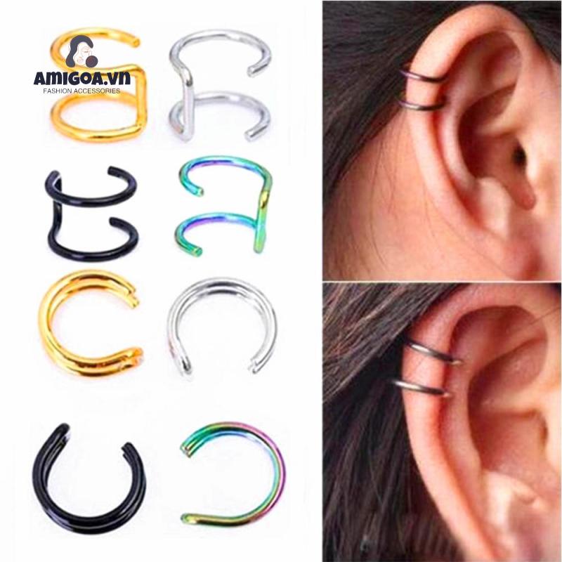 Khuyên Tai Dạng Kẹp Đôi Bằng Thép Không Gỉ Đơn Giản