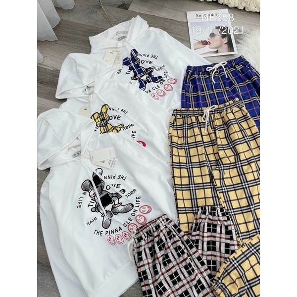 sét bộ thể thao quần caro kate phối áo thun nón cute