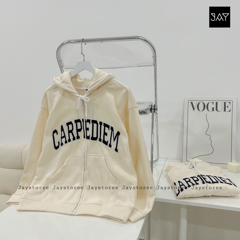 Áo Khoác Hoodie Unisex Zip Nỉ Bông CARPI  màu KEM/NÂU  Nam nữ unisex/Áo hoodie dây kéo nữ có mũ form rộng Jaystoree