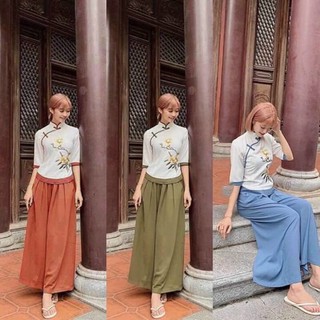 Sét lam đi chùa vải đũi cổ tàu thêu hoa
