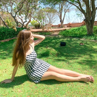 Đầm caro cột hai dây nơ