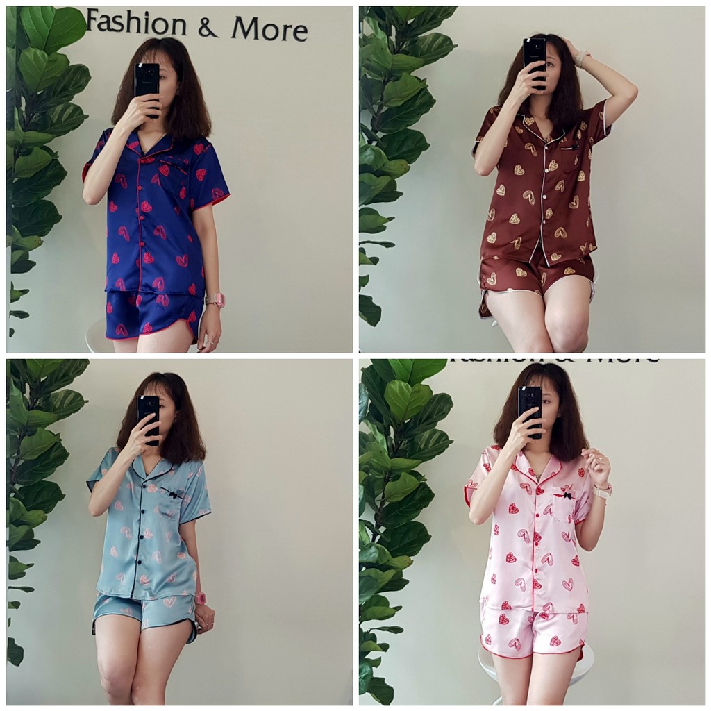 Bộ Pijama lụa satin quần đùi áo cộc, vẽ hình tim. | BigBuy360 - bigbuy360.vn