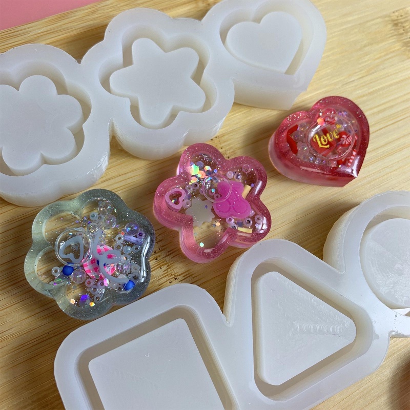 Khuôn Silicone Làm Móc Khóa Hình Tròn / Tam Giác / Ngôi Sao Phối Kim Tuyến Nước DIY