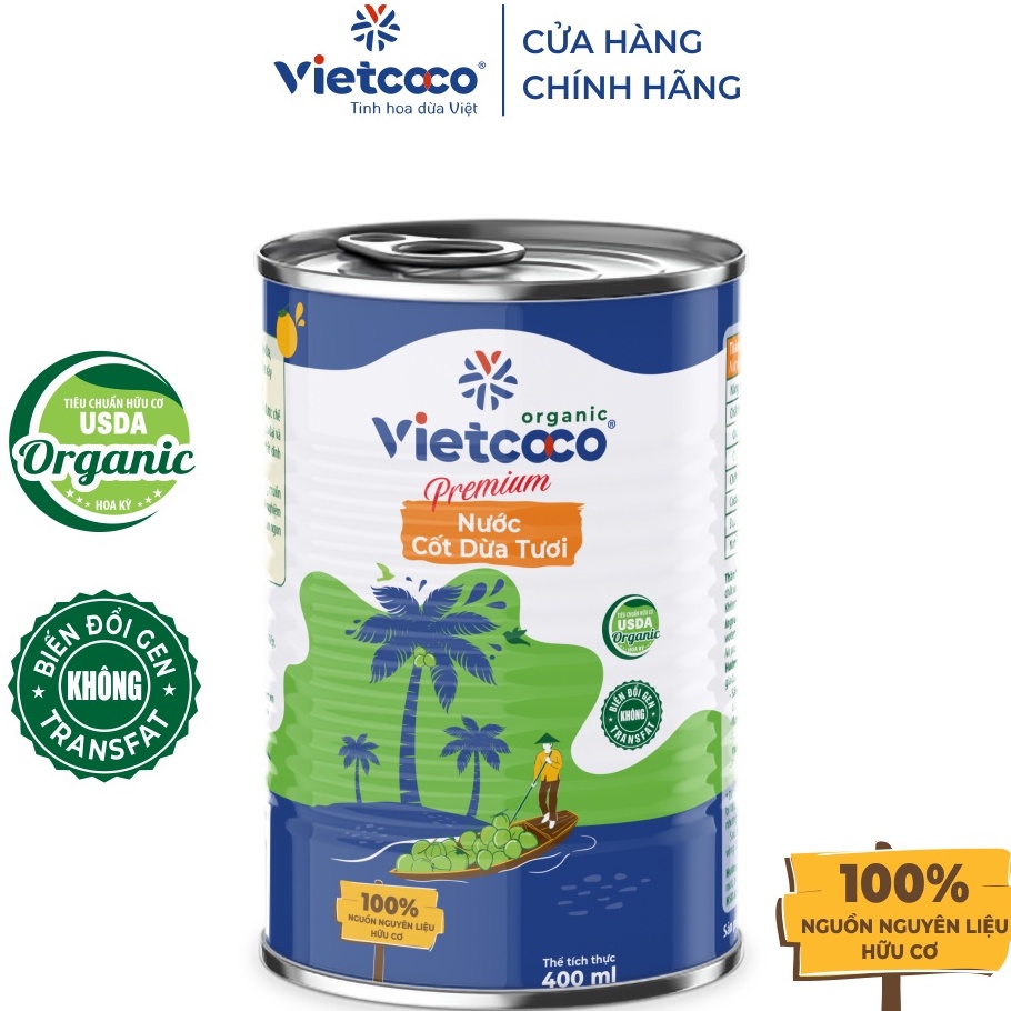 Nước cốt dừa Hữu cơ Vietcoco đóng hộp lon dung tích 400 ml ăn Keto, ăn chè, kho thịt - Organic Coconut Cream OGANICO 22