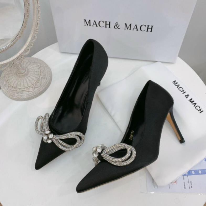 H(ẢNH THẬT) Giày Cưới Cao Gót 9p Nơ Đá Lụa Satin Mềm Êm Không Dốc Fullbox Bill Túi Cao Cấp