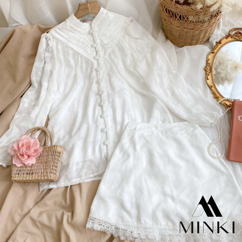 🌸SET ÁO VÀ CHÂN VÁY MIDI TRẮNG VÂN NÚT BỌC - CHẤT LIỆU REN HOA VÂN CAO CẤP - TRẮNG SANG TRỌNG | BigBuy360 - bigbuy360.vn