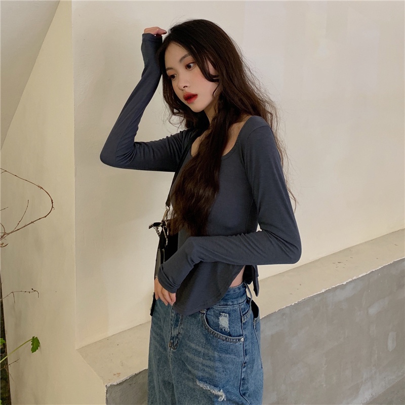 Áo thun tay dài dáng ôm dày dặn phong cách Hàn Quốc thời trang 2 màu lựa chọn cho nữ