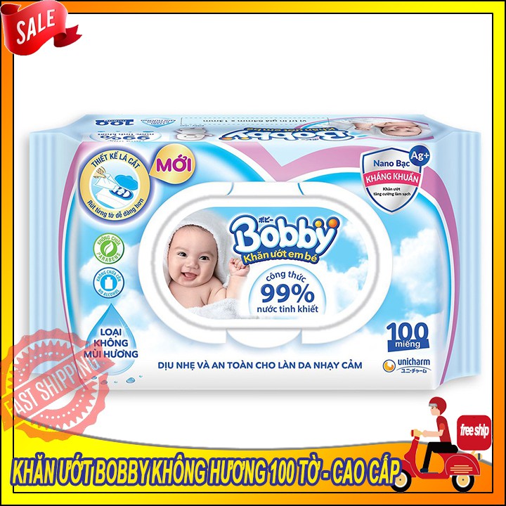 [HÀ NỘI] Khăn Ướt Bobby Không Mùi và Mùi Hương Dịu nhẹ 100 tờ NANO Bạc Kháng Khuẩn (Màu Xanh, Hồng)