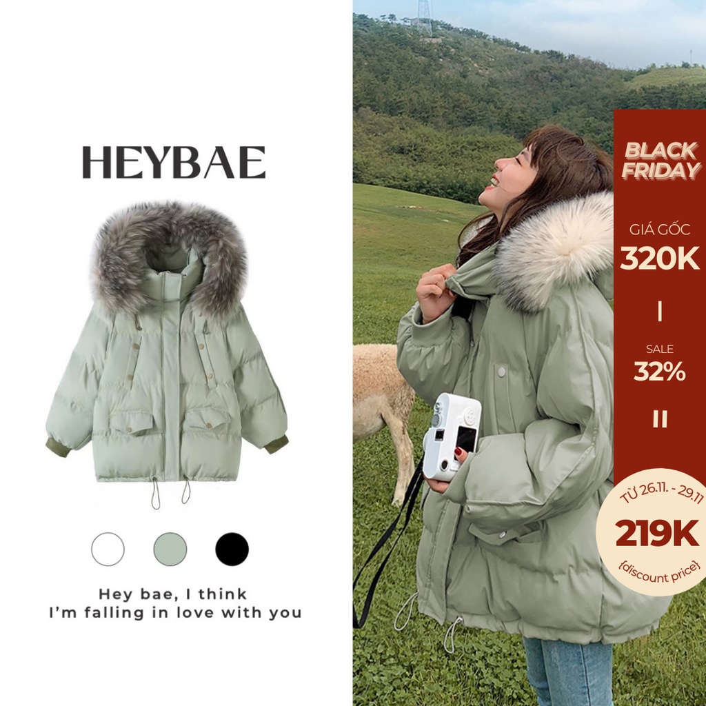 Áo phao oversize kèm mũ lông Arya HEYBAE dáng rộng áo khoác 3 màu áo ấm dày dặn cho nữ đông AK021