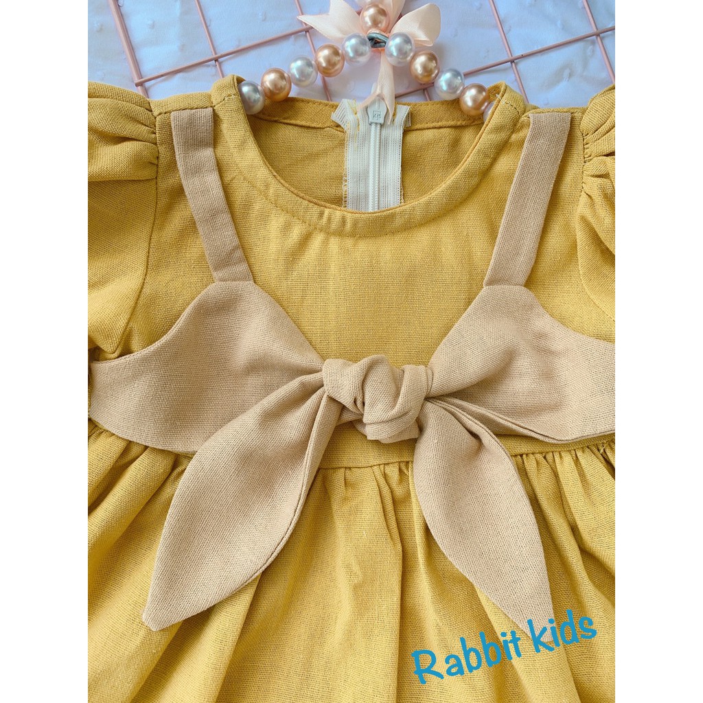 Váy Trẻ Em 💝FREESHIP💝 Đầm Bé Gái Hàng Thiết Kế Cao Cấp - Váy Hè Cộc Tay Linen Vàng Mù Tạt Sang Chảnh Cho Bé
