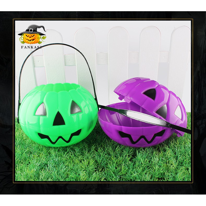 Giỏ bí ngô xin kẹo Halloween to - Đèn bí ngô cỡ lớn 18cm - Bí ghép 2 mảnh