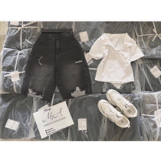 Set Quần jeans ngố rách + crop petter trắng