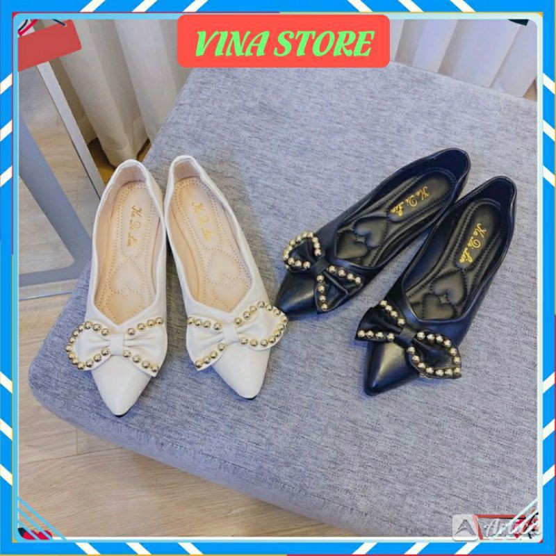giày mũi nhọn🤩FREESHIP🤩Giày búp bê màu đen trắng quai phối nơ đính đá siêu êm chân hàng cao cấp hottrend-VINA STORE