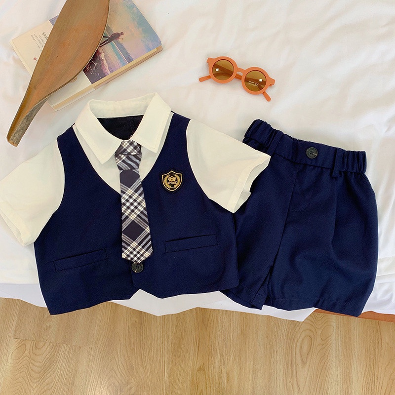 Bộ vest bé trai Hàn Quốc Bonkids set vest 3 chi tiết gồm áo gile, áo sơ mi trắng cà vạt, quần short