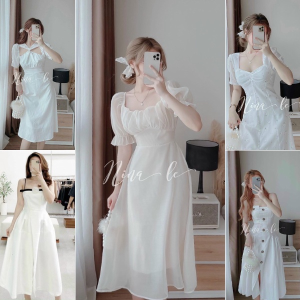 Đầm váy nữ nhiều mẫu màu trắng đi tiệc, đi chơi sang chảnh mới về