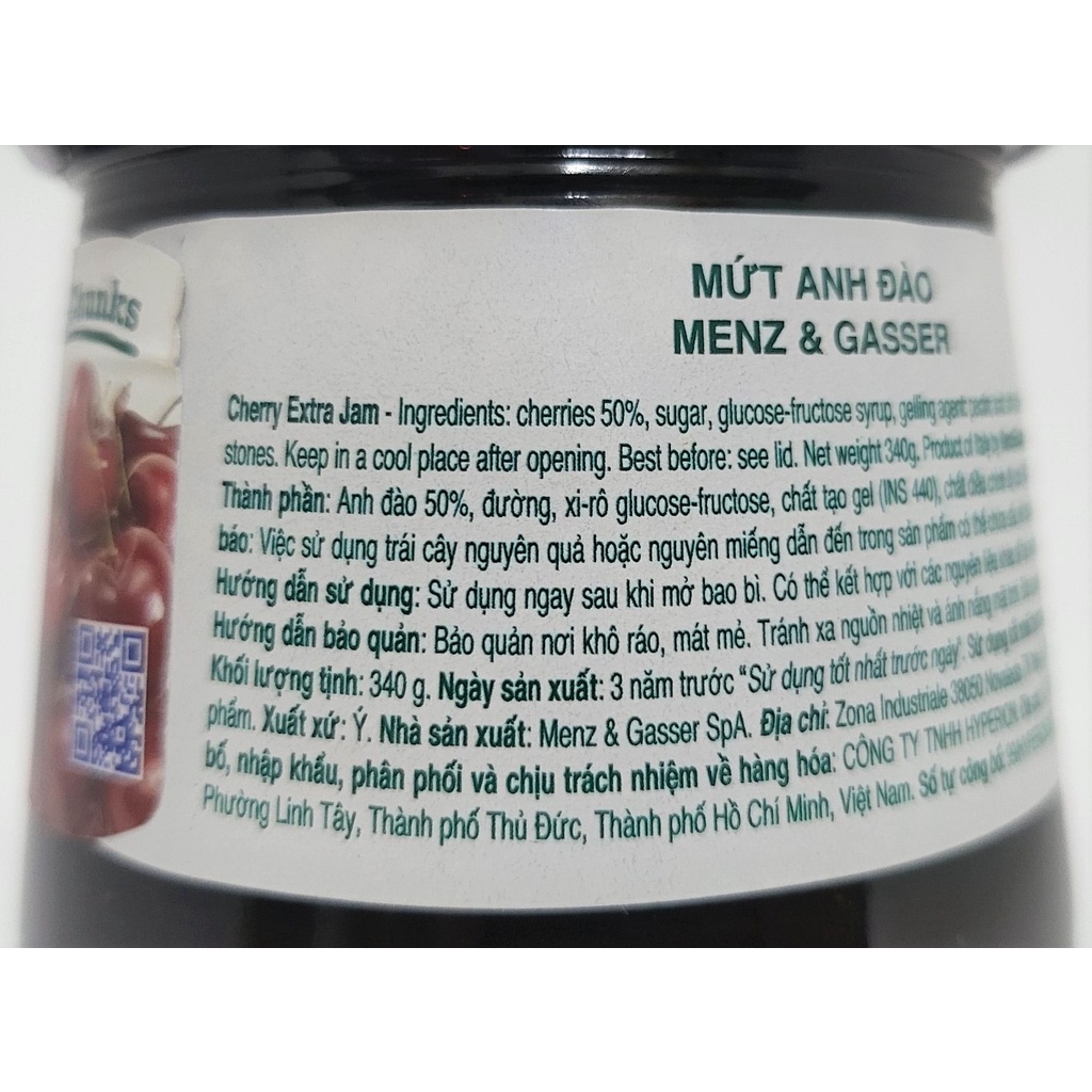 [Lọ 340g – CHERRY ] MỨT QUẢ ANH ĐÀO [Italia] MENZ &amp; GASSER Cherry Jam