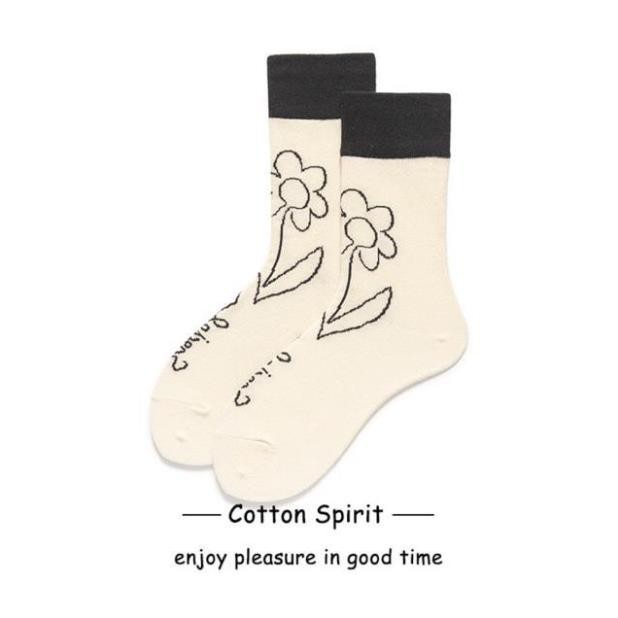 Tất Nữ Cổ Cao Cotton Họa Tiết Phong Cách Retro Hàn Quốc Vớ Nữ Cổ Cao Ulzzang Thời Trang