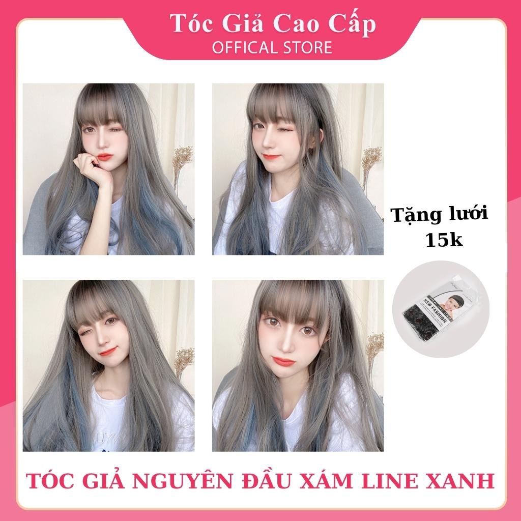 Tóc giả nữ nguyên đầu màu đẹp, xám phối line xanh, tặng kèm lưới trùm tóc wig