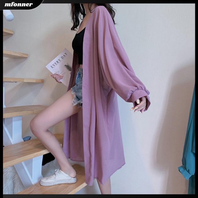 Áo Khoác Cardigan Chiffon Tay Phồng Dài Qua Gối Màu Sắc Trơn Thoáng Khí Thời Trang Đi Biển Cho Nữ