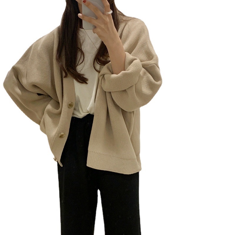 xiaozhaivn - Áo Cardigan màu trơn dáng rộng oversize đóc 3 cúc cổ V chất dày, áo khoác len dệ kim dáng rộng dành cho nữ