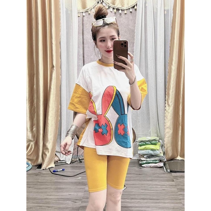 Sét bộ lững thời trang nữ mặc đi chơi chất thun tici in 2 con thỏ mắt X cổ tròn tay ngắn mix quần ngố