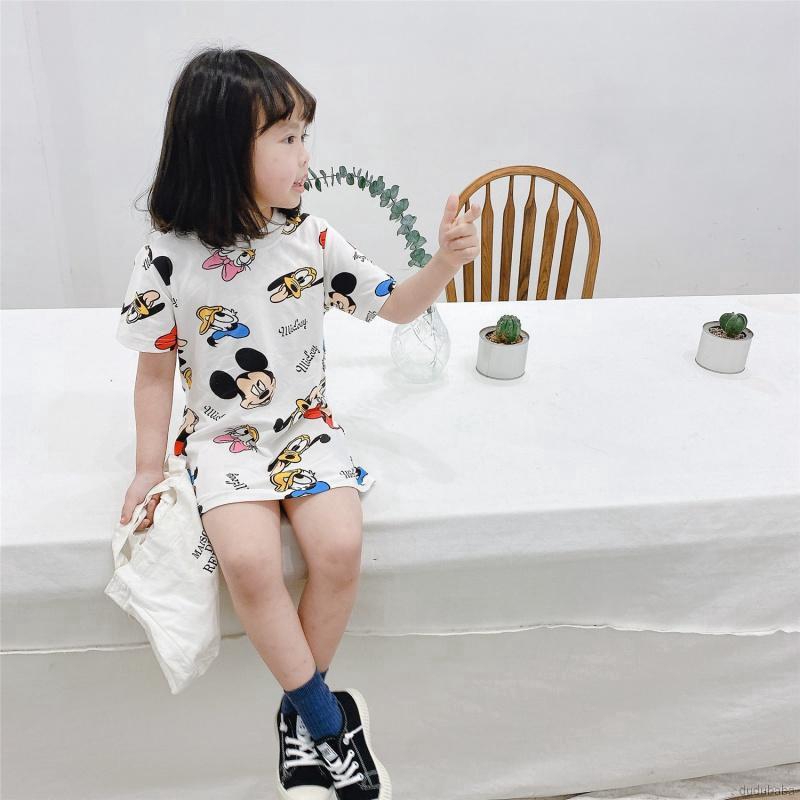 Đầm thun tay ngắn dáng suông cổ tròn họa tiết hoạt hình màu trơn cho bé gái