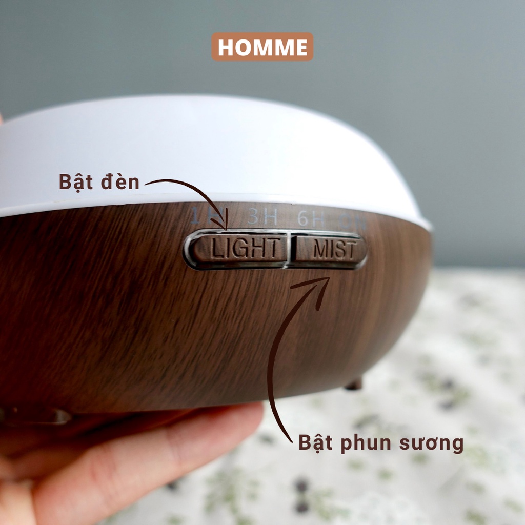 Máy xông tinh dầu phòng ngủ HOMME vân gỗ cỡ lớn hình quả bầu làm thơm phòng có điều khiển,đèn LED,tự tắt khi hết nước