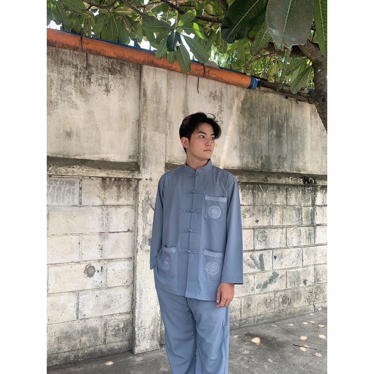 Đồ đi chùa nam thêu 3 túi cổ lãnh tụ có size 90kg tay dài