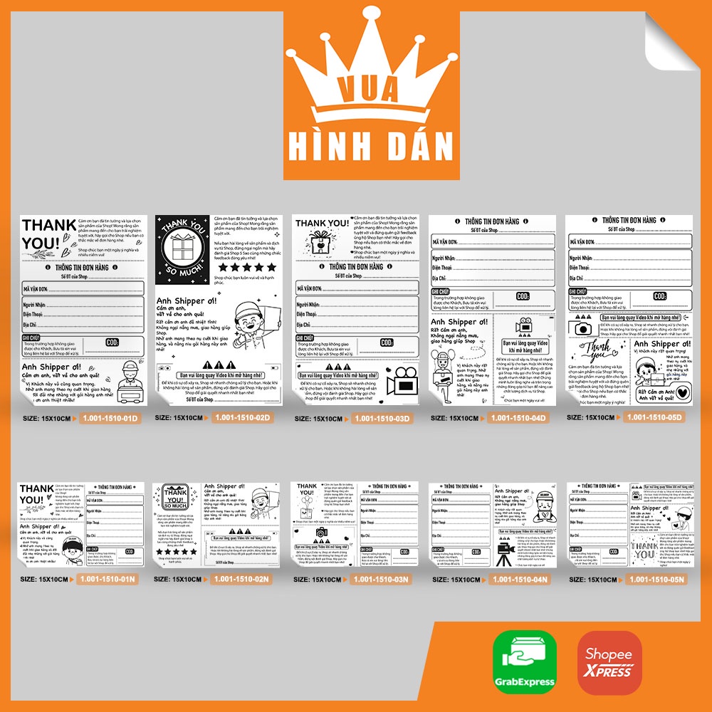 Set 50/100 sticker decal dán 15x10cm 3 in 1: Cám ơn khách, Gửi Shipper, mã đơn, lưu ý mở hàng dành cho shop (1.001)