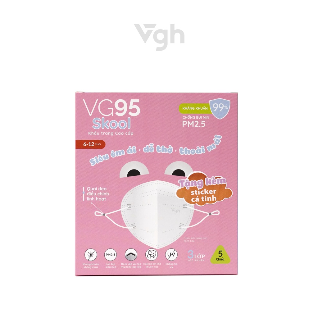 Khẩu trang trẻ em VG95 Skool kháng khuẩn, êm ái, dễ thở, dễ thương, thoải mái - Chính hãng VG Healthcare - Hộp 5 chiếc