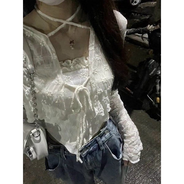Sét áo hai dây vạt chéo kèm áo cardigan mỏng - Hàng có sẵn