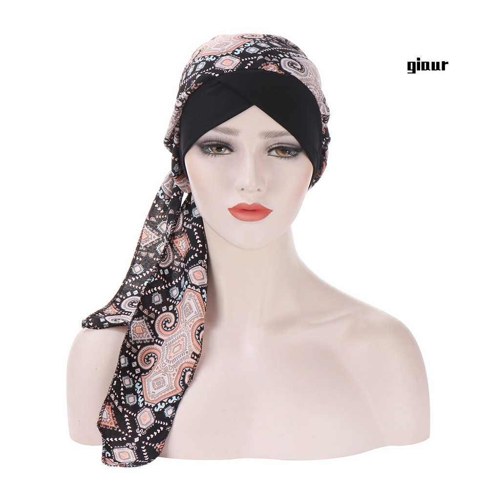 Mũ Turban Trùm Đầu Bằng Vải In Hoa Có Đuôi Dài Thời Trang Cho Nữ