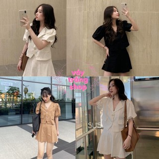 Sét áo croptop cổ vest tay bồng kèm chân váy đũi 3 màu nâu/trắng/đen sang chảnh Váy Trắng Shop