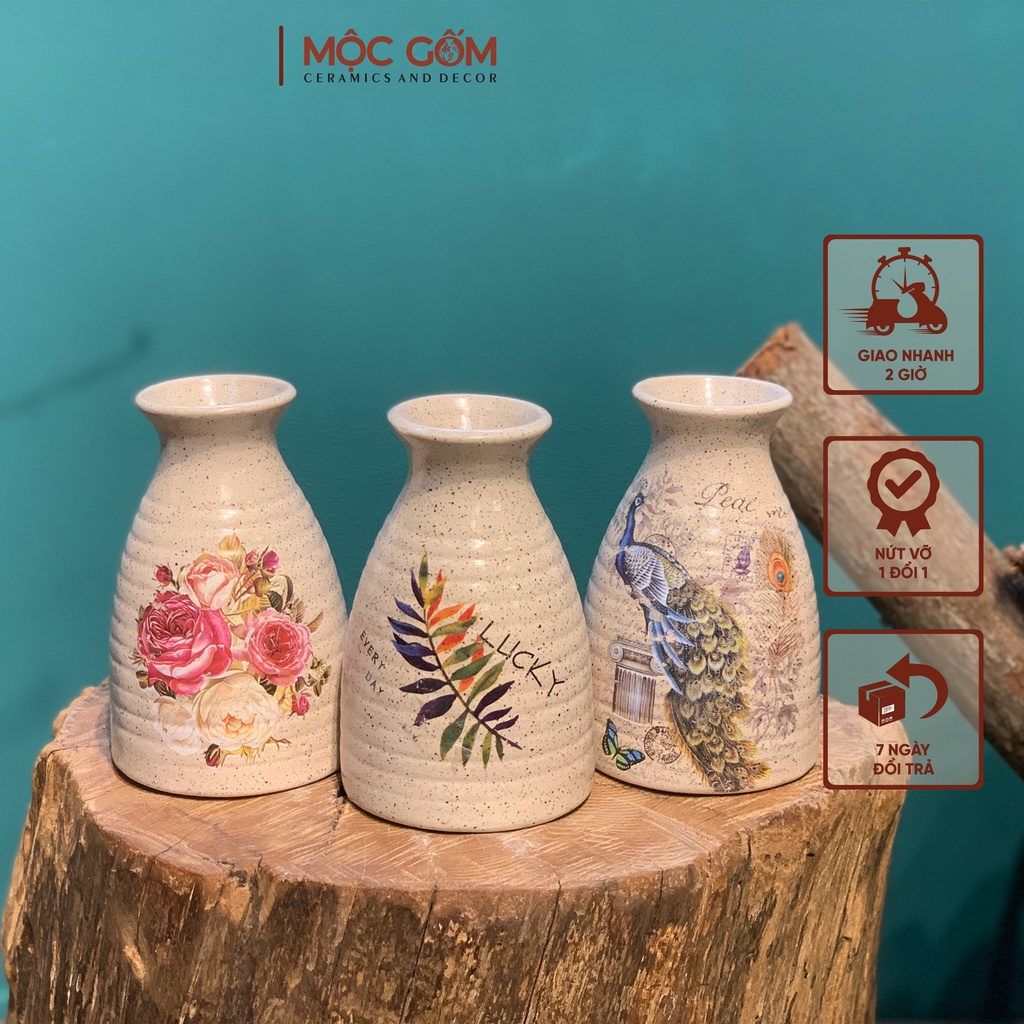 Bình gốm sake mini nhỏ xinh cắm hoa men tiêu Bát Tràng để bàn đẹp - Mộc Gốm ( DECAL HỌA TIẾT NGẪU NHIÊN) MG29