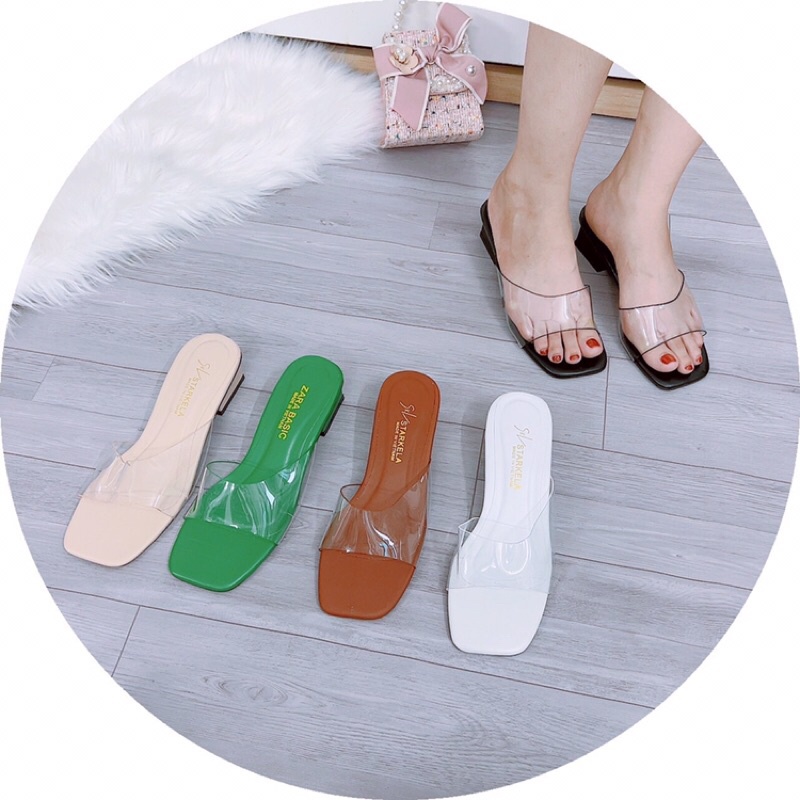 Dép cao gót 4cm mũi vuông quai trong vát gót vuông