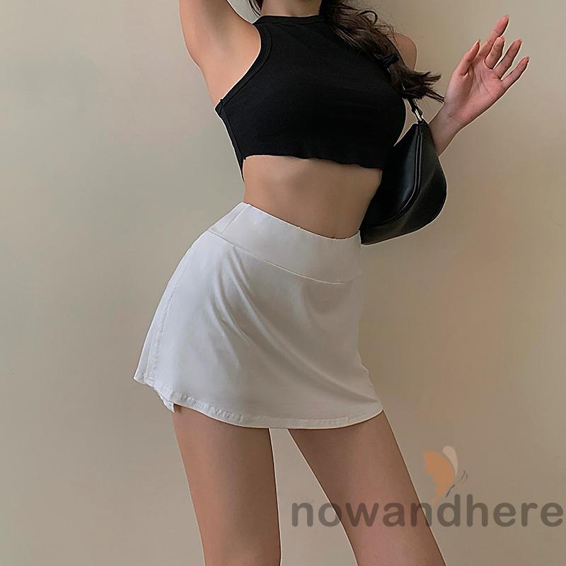 Chân Váy Ngắn Lưng Cao Màu Trơn Phối Quần Short Lót Lớp Lót Màu Trắng/Đen/Khaki/Xám Cho Nữ
