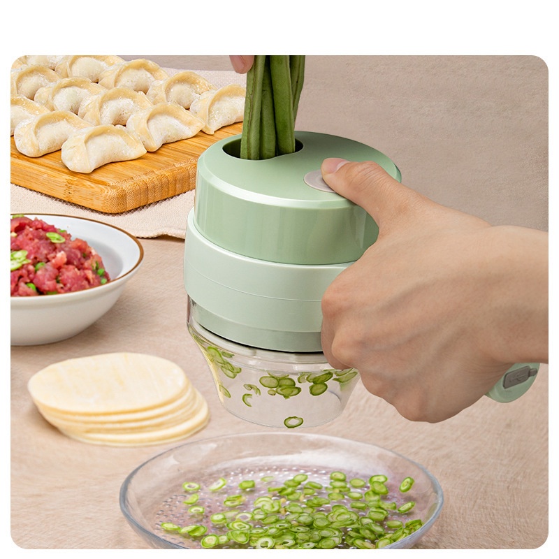 Máy xay cầm tay đa năng 4in1 - Máy thái lát rau củ, tỏi ớt - Lưỡi dao kép - Cổng sạc USB