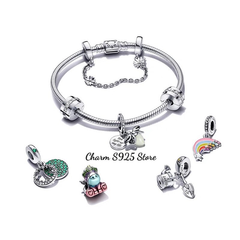charm pan treo bộ dụng cụ làm vườn bình hoa và xẻng bạc s925