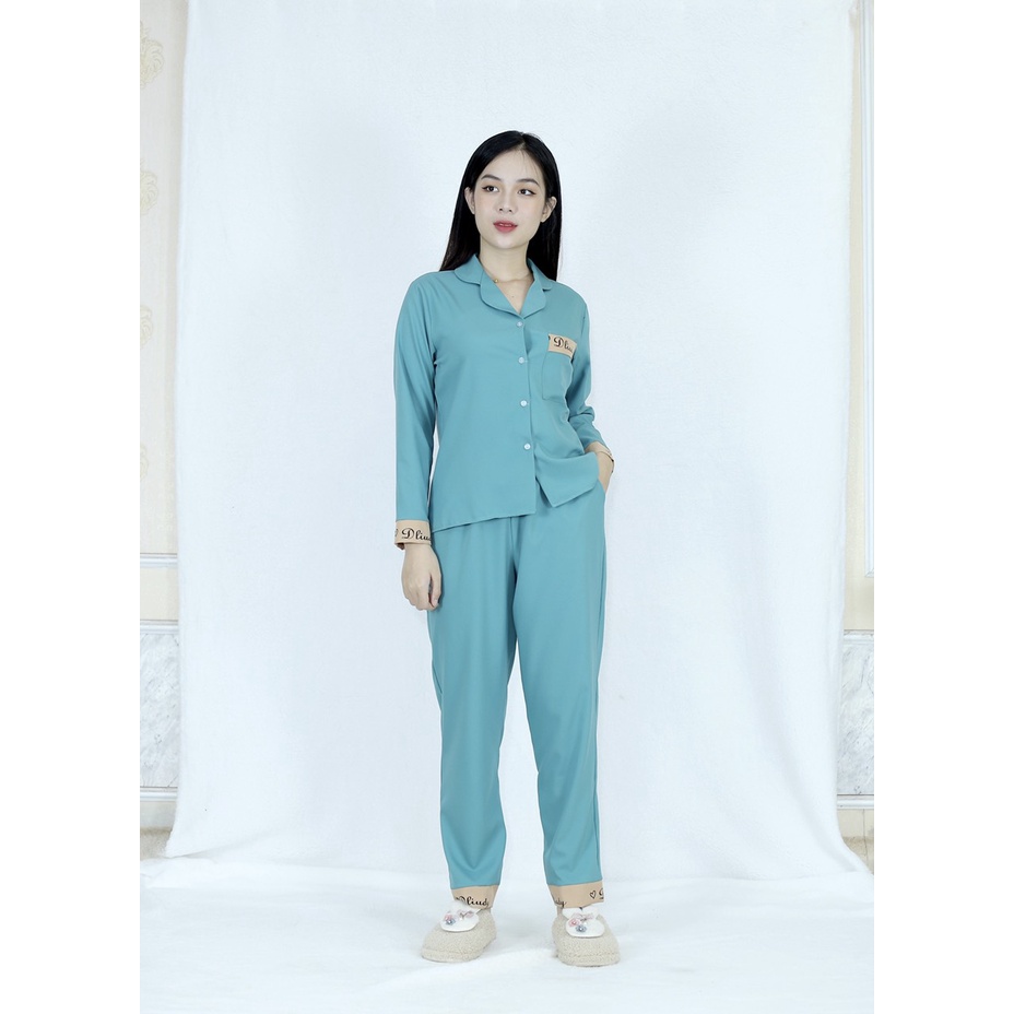 Đồ bộ Pijama nữ P20 XANH ĐÁ bộ ngủ dài tay quần dài  PHA CHỮ Thoải Mái Nhẹ Nhàng