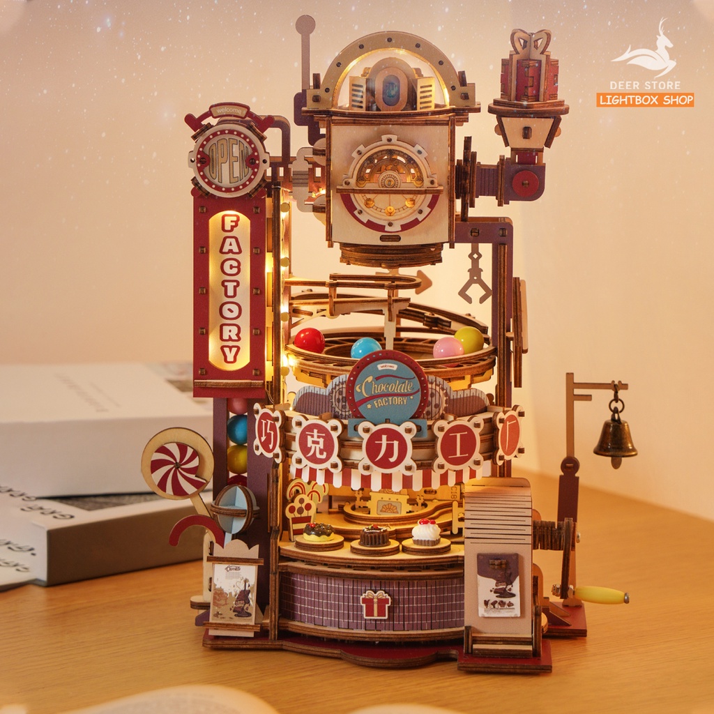 [Bản Tiếng Anh] Đồ chơi lắp ráp gỗ 3D Robotime Chocolate Factory. Có Đèn và Vòng Bi Quay Sử dụng bánh răng | LGA02