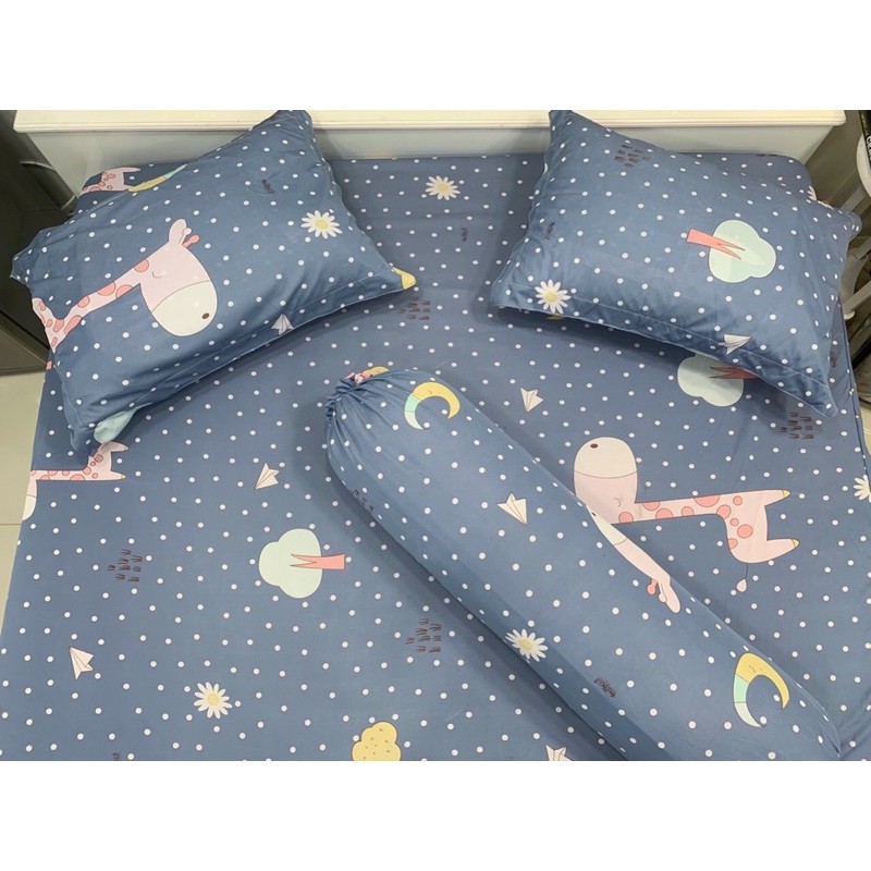 Bộ Drap thun 4 món Hàn Quốc mẫu hươu xám chấm bi siêu cưng
