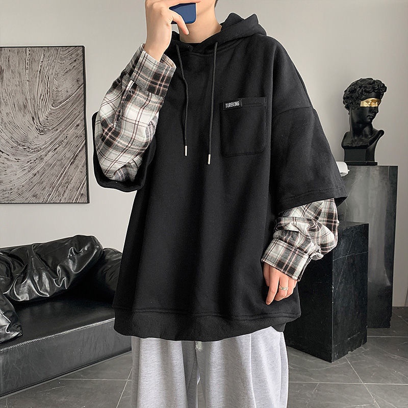 Áo Hoodie Giả Hai Lớp Họa Tiết Sọc Caro Phong Cách Nhật Bản Thời Trang Cho Nam