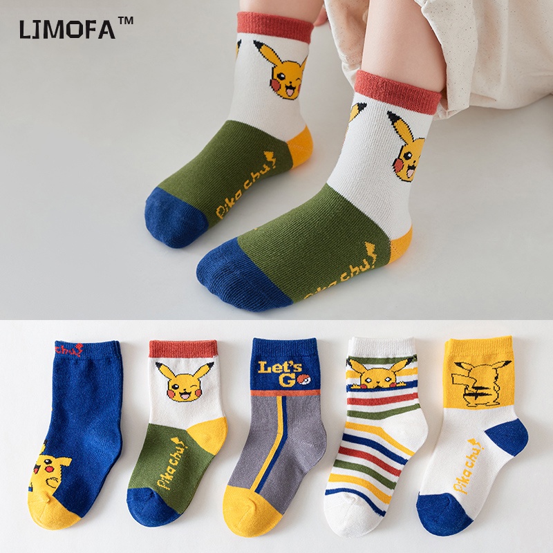 LJMOFA KIDS 5 cặp phù hợp với trẻ em 1-12 tuổi vớ bông pikachu mô hình của người đàn ông cô gái vớ trung bình mùa thu và mùa đông không khí hấp thụ mồ hôi mềm mại và thoải mái ấm ấm dẻo trẻ em học sinh tất tất trẻ em bán buôn