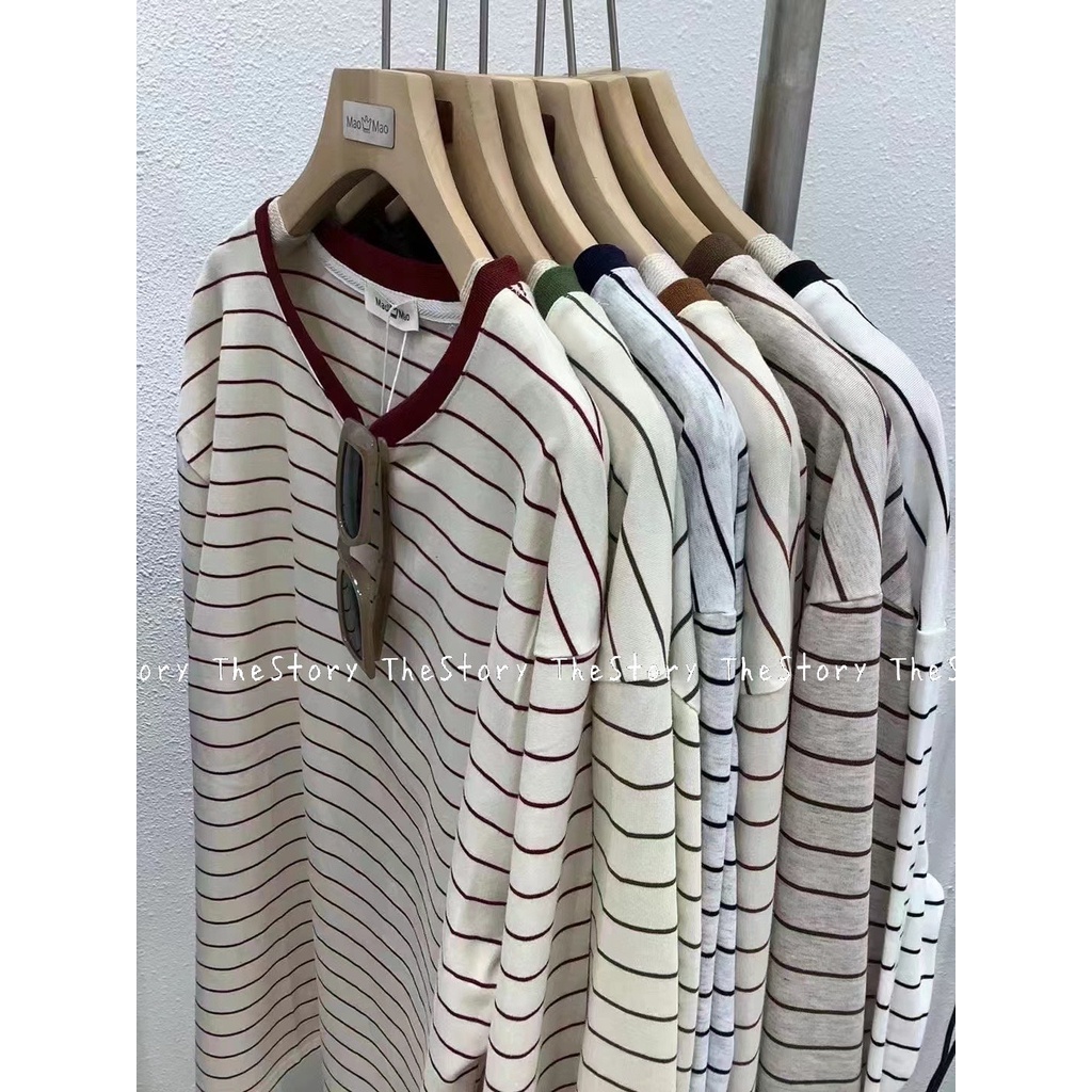 Áo thun nữ tay dài sọc ngang  Kem sọc nhiều màu A2626